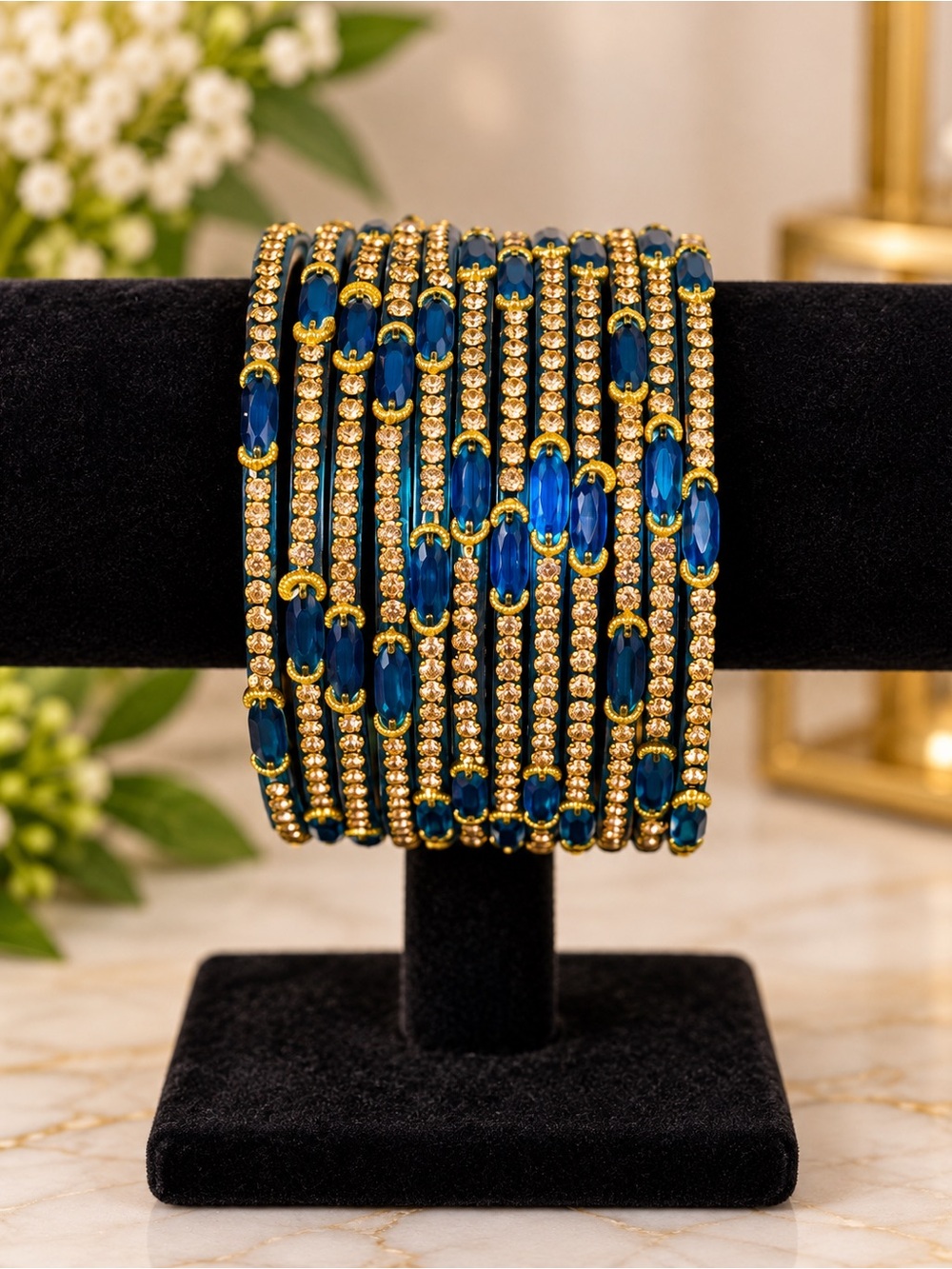 Gold-Tone Blue Crystal Bangle Set - Women Jewelry